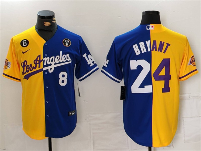 Men's Los Angeles Lakers & Dodgers Front #8 Back #24 Kobe Bryant Gold/Blue Split With Patch Stitched Jersey